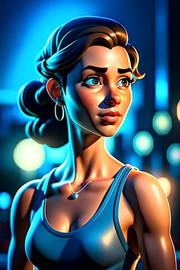 cartoon movie, young woman, muscular, sleeveless shirt, 8k uhd, breathtaking masterpiece, intricate film grain, sharp focus bokeh, studio quality perfectionism, by don bluth