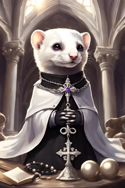 (anthropomorphic white ferret),dressed in ((cleric fantasy)) black clothes with silver holy ornaments, realistic anatomy, posing, cute face, fantasy inspire, fantasy church on background with warm sunshine lighty from behind, gloomy atmosphere, (((high angle shot))), purple armband, The holy icon style, RTX, praying, close eyes