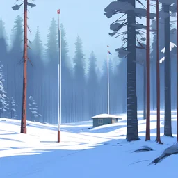 forest, Winter, snow, very cold, Finnish flagpole, Finnish flag, Simon Stålenhag style