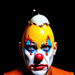 A lone and sad clown in a vibrant A surreal, hyper-realistic digital artwork of a human man clown with a cracked eggshell as the top of his head, revealing a raw egg yolk and egg white spilling down his red nose and his face face. The clownn’s facial expression is introspective and solemn, with piercing blue eyes gazing upward. The egg yolk is glossy, vibrant orange, and the egg white drips realistically down his sad face, emphasizing texture and gravity. The background is a sidewlk, soft gradie