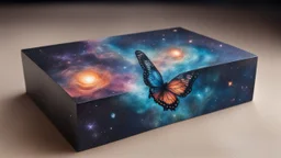 a box 10 cm long by 5 cm wide and 25 cm high, drawn on a box on all sides, butterfly nebula, space, tress, planets, realistic