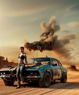 Realistic image. Mad max car. woman in the foreground. BMW 4 series. 4k resolution, intricate details, ornate details, soft lighting, vibrant colors, mad max background