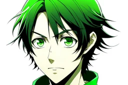 A young adult male with shoulder length black hair and bright green eyes. anime