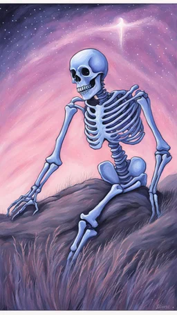 A pastel painting of a skeleton on a hilllookin into the night sky. A nebular in the sky. Painting. Purple colours. Blue colours. Colorful.Pastel colours. Masterpiece.