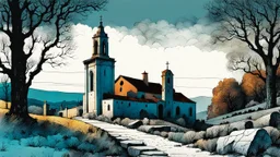 create a fine art print illustration of an old Italian village church and graveyard with highly detailed rough stonework, surrounded by ancient Lombardy poplar trees, in the hills of Tuscany under a bleak winter sky , in the comic book art style of Bill Sienkiewicz, and Jean Giraud Moebius, finely textured, drawn, colored, and inked