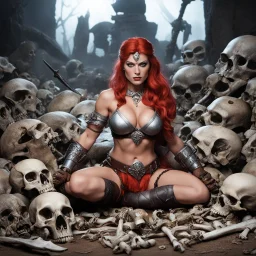 [high res photo by Moritat] Red Sonja poised on hands and knees surrounded by bones and skulls