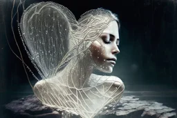 double exposure, merged layers, woman shaped silver wire mesh, real pearl and driftwood, contemplative gaze into the distance, heart and love, waterfall, dreamlike composition, front illuminated, silver glitters