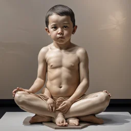 Hyperreal sculpture by John De Andrea, child sitting in lotus pose on a museum display, hyperrealism