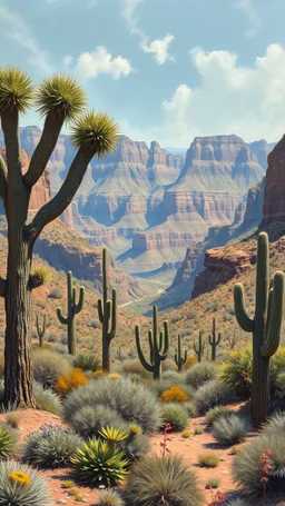 A Joshua trees and cactus trees , surrendered by the Grand Canyon mountains the desert, in a forgotten battlefield over run by vegetation, cutesy tiktok detailed oil painting, grainy, old style