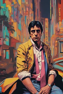 GTA V Scarface Al Pacino Pop Art psychology oil paiting In depth psychology display Roy Fox Lichtenstein style, dream, symptom, image in the background in the city artgerm display Gustav Klimt style artgerm display in the Miami Vice the 2024th century oil paiting. and the city itself seemed like a big illusion, full of light and shadows GTA V Miami Vice city the 2024th century