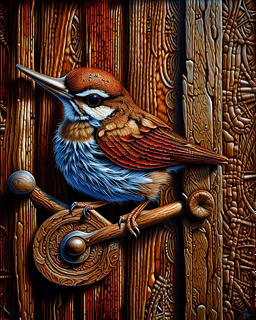 Small brown wren with intricate feathers perched on a weathered barn door, the door is cracked and rotting with a rusting handle, intricate woodgrain patterns with peeling paint, rusted bolts, deep textures, acrylic art, highly detailed