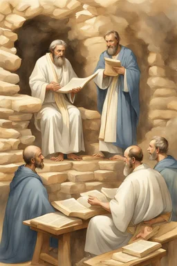 Several Christian priests of the 1st century AD are sitting in a cave and actively arguing and gesticulating, each holding a scroll of Ancient Scripture, many ancient scrolls are lying on a wooden table in front of them, everything is written in watercolor in high resolution, in 8k.