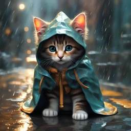 hyperdetailed, 4k, highres, masterpiece, Cute adorable chibi kitten wearing rain coat, whimsical and endearing style; Bright royalty colors colors; extreme detail; intricate motifs; gorgeous eyes: Bastien Lecouffe Deharme; jeremy_mann; andree_wallin : deep depth of field : bright dramatic lighting : craig_mullins; radial; maximalist; deviantart; Ray Tracing; Yoshikata Amano; Edwin Landseer; Ismail Inceoglu; Russ Mills; Victo Ngai; Bella Kotak; 3d; perfect composition, ultra-realistic, 8k