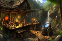 Medieval fantasy panoramic: Thalgrim's Forge built into mountainside. Stone-timber workshop with blackened walls, forge heat radiating. Dwarf blacksmith Thalgrim works glowing anvil while apprentice Eira watches. Outside: mining tools, gears, pulleys. Green terraces, forest, river reflects sky. Broad-shouldered dwarf, braided beard, focused eyes reflect red-hot metal. Sharp-eyed human apprentice assists. Orange smoke meets blue-green sky Spring foliage, echoing hammer sounds mix with river flow