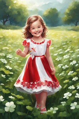 Adorable digital painting of a cute little girl in a gorgeous red and white dress smiling in a field surrounded by clover, high quality