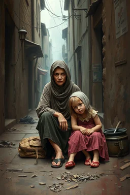 Bosch painting style , a homeless woman with 2 small girls sitting in an dirty street , high quality and fantasy
