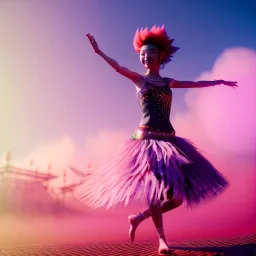 Ultra Realistic photo, medium shot view, drunken sweet dancer Japanese woman, carnival scene, monster hair, steampunk style. Red hair, confeti, smile, happy, festival, ovnis, gradient color fog. highly detailed, concept art, unreal engine 5, ray tracing, RTX, lumen lighting, ultra detail, volumetric lighting, 3d, finely drawn, high definition, high resolution.