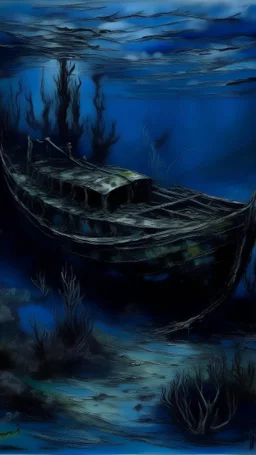 A dark blue underwater shipwreck painted by Claude Monet