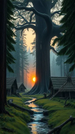 A Native American village in the wood with a huge trees , river stream in the middle , behind the tree dim light of the sunset,