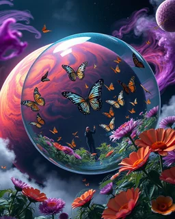 A butterfly garden inside a floating glass sphere orbiting a gas giant: The garden is now contained in a transparent sphere floating in space, orbiting a massive, colorful gas giant planet with swirling storms of red, orange, and purple. The butterflies, with wings of metallic shimmer, fly gracefully through the zero-gravity environment, while enormous, otherworldly flowers bloom inside the sphere. Visitors float gently through the air, surrounded by swirling clouds of pollen