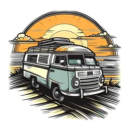 A retro camper van parked by the ocean, nostalgic, carefree, golden hour lighting, T-shirt design graphic, vector, contour, white background.