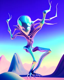 an ethereal and pastel alien creature, with shifting limbs and slender composition, is climbing through a strange wild landscape , highly polished, chrome airbrush style, dreamlike composition, color penciling color palette, surrealistic retro-futurism, rotoscoping, psychedelic aesthetic, metaphysical, highly detailed, arthur lismet, artstation, 1960s psychedelic drawing with art nouveau motifs, munch, vibrant, extra terrestrials art, vintage , anime