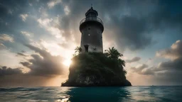 Photoreal magnificent shot from below the water surface of the sea of a gargantuan medieval light house on an exotic caribbean jungle coast at sunset by lee jeffries, otherworldly creature, in the style of fantasy movies, photorealistic, shot on Hasselblad h6d-400c, zeiss prime lens, bokeh like f/0.8, tilt-shift lens 8k, high detail, smooth render, unreal engine 5, cinema 4d, HDR, dust effect, vivid colors