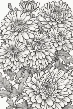 outline art of Chrysanthemums only black and white, no colour , White background. sketch style, clean line art, white background, no shadow and clear, no people, no colour, for book