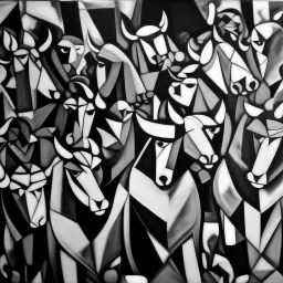 picasso cubism crowd of people black and white bull in the middel