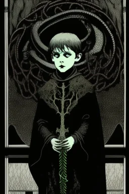 7 year old boy, necromancer, friendly, looks dead,with a lamprey serpent , wearing black robes, in the style of Harry Clarke