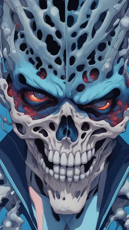 a close up of a person with a skull on their head, blue and black colors, anime skull portrait man, scary detailed art in color, hiroyuki-mitsume takahashi, nychos art aesthetic, half man half skeleton, anime cyberpunk art, colored manga art, rossdraws pastel vibrant, hot colors. insanely detailed, beautiful anime portrait, stunning anime face portrait, scary art in color