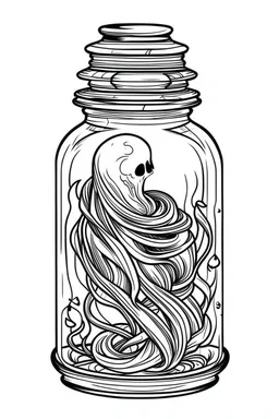 spooky ghost stuck in the jar idea, line art, background, vector, svg, black outline on white background, leave plenty of white space beetween lines for coloring, tattoo style, tattoo idea,full body, minimalist