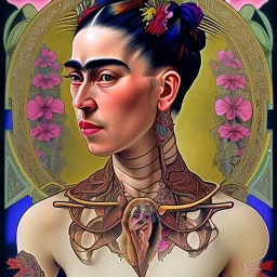 A beautiful portrait of Frida Kahlo by alphonse mucha, japanese tatoos, 4k, high details