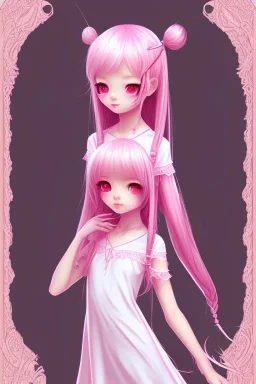 Loli wearing long nightgown, hands behind back, wholesome, innocent, long pink hair, tilted head