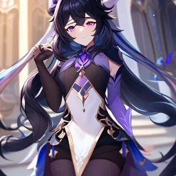 Clear focus,High resolution, Black long fluffy hair, and purple eyes, wearing a Genshin Impact Inspired Outfit,Detailed Clothes,A medium revealing, must wear a short skirt,