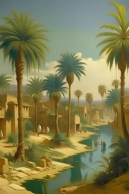 Portrait of an old egyptian avillage include plants trees palm trees and corn fields canals