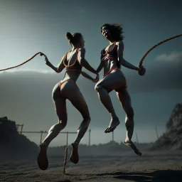 Two women skipping with a rope, demons and angry gods fight in the background, in the style of a Michael Moorcock book cover.