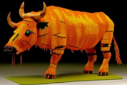 An orange colored lightning elemental buffalo designed in Navajo woven art painted by Georges Seurat