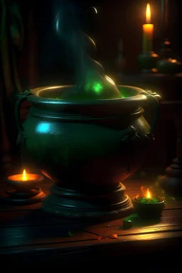 A magical witch's cauldron, in which there is a magical green brew, a beautiful metal cauldron on legs, soft shadows, even light, a healthy style, an art station style, including stunning magical realism, with a fabulous quality, illuminated by chiaroscuro and atmospheric lighting, emitting a pure, magnificent aura