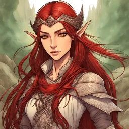 A confident high elven woman adventurer with long brown hair, intense red eyes, colored manga style, fantasy setting, intricately detailed