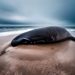 photograph of beautiful sperm whale washed up on shore, face view, lifeless, debris, foamy wave, sand, rock, 8k resolution, high-quality, fine-detail, detailed matte, photography, illustration, digital art, Jeanloup Sieff, Moe Zoyari, Marc Adamus, Ann Prochilo, Romain Veillon