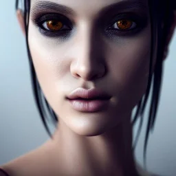 beautiful woman portrait, abstract, dark, disturbed expression, 12k, ultra high definition, finely tuned detail, unreal engine 5, octane render, ultra realistic face, ethnically accurate face, detailed make-up, detailed hair, use dynamic palette, accurate proportions, high contrast, black smokey bokeh background