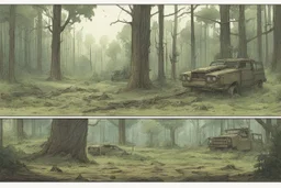 clearing forest,overgrown, post-apocalyptic, comic book, cinematic