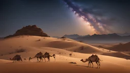 Desert, a hill, evening with many stars, long shot 3 camels with camel drivers and starry skies at night