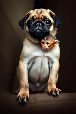 pug puppy, monkey, baby creature thats upstanding