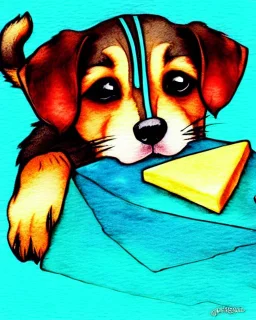 cute puppy eating cheese, art deco, romanticism, watercolor, visual novel, cheerful, furry, sleepy, rembrandt lighting, colorful lighting, blue, teal, aqua, red, purple, yellow, black, detailed, masterpiece