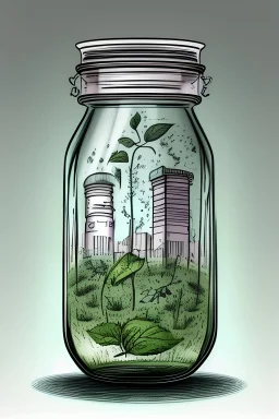 drawing of saving and preserving the environment in a jar and all pollution outside the jar