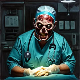 hauntingly visceral matte oil painting featuring a sinister zombie doctor dressed in stained surgical scrubs doing surgery. The doctor, adorned with facial sores, and a chilling open mouth expression. The scene is bathed in eerie, grainy colors, with a macabre atmosphere. The composition is dynamic, with complex contrast and a sinisterness that invites both fascination and unease, style by Grant Morrison and Kelley Jones