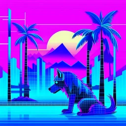 A 2D Vaporwave would depict the robotic dog from Doctor Who in bright neon purples, pinks, and blues, with digital glitch patterns, gradient transitions, and a retro-futuristic background of grid patterns, pixel art palm trees, and Japanese kanji characters, blending K-9’s boxy, angular form with the nostalgic and surreal aesthetics of vaporwave, he is a robot dog, and is blocky, he has satellite ears, and an antennae.