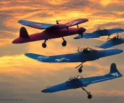 Two old plane fighters combating at dawn with vivid colours